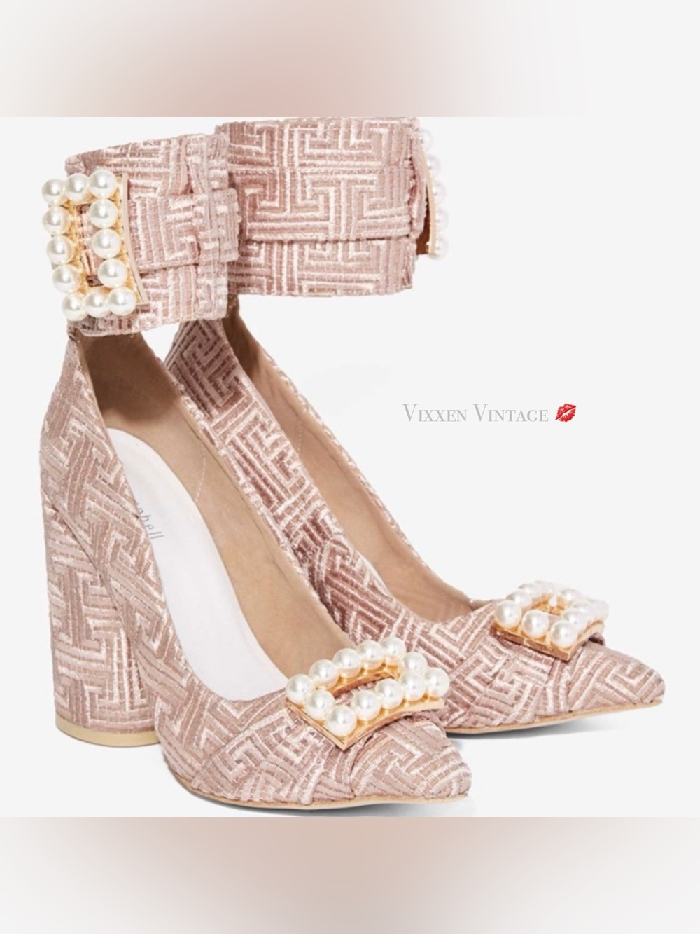 JEFFREY CAMPBELL 'KOZUE PEARL' POINTED TOE CHUNKY BLOCK HEELS IN BEIGE BROCADE